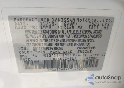 2015 Nissan Sentra S from USA, damaged, VIN 3N1AB7APXFY368285